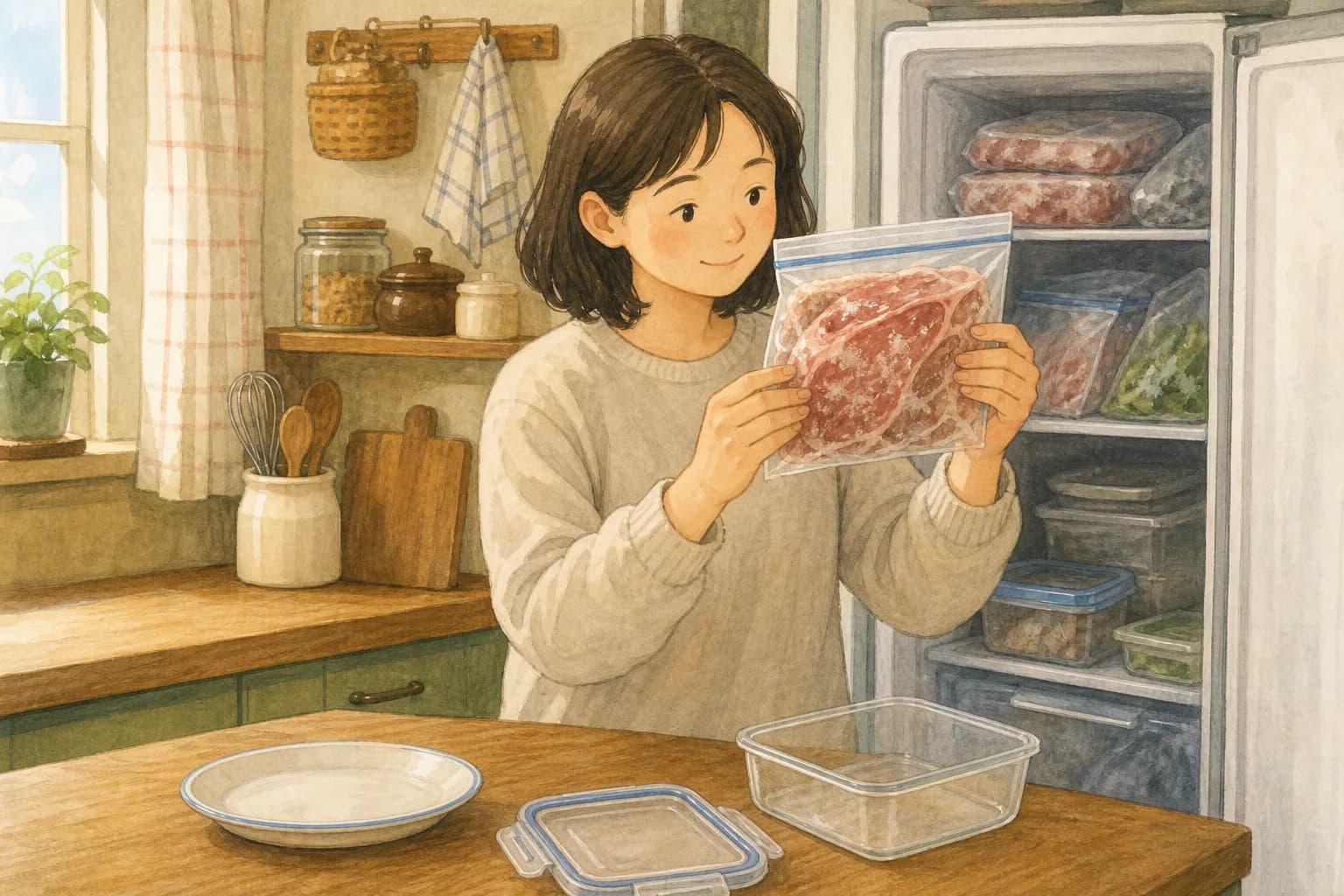 열린 냉동실 앞에 선 사람이 얼음 결정과 마른 반점이 보이는 냉동 고기 봉투를 들어 상태를 살펴보고 있어요.