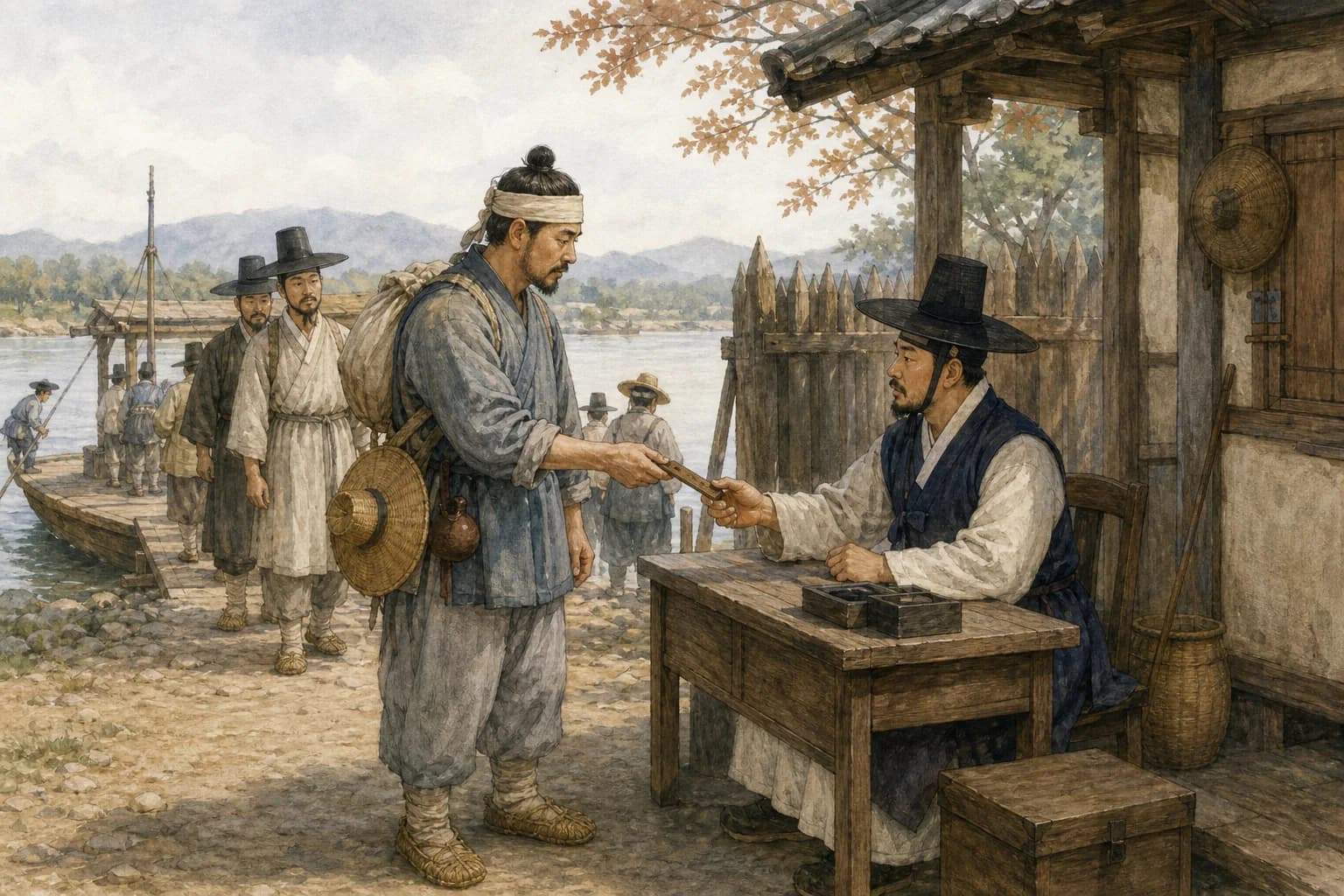 조선시대 나루터에서 여행 중인 남성이 허리춤의 나무 호패를 꺼내 관리에게 건네고 관리가 그의 얼굴과 패를 대조하고 있다.
