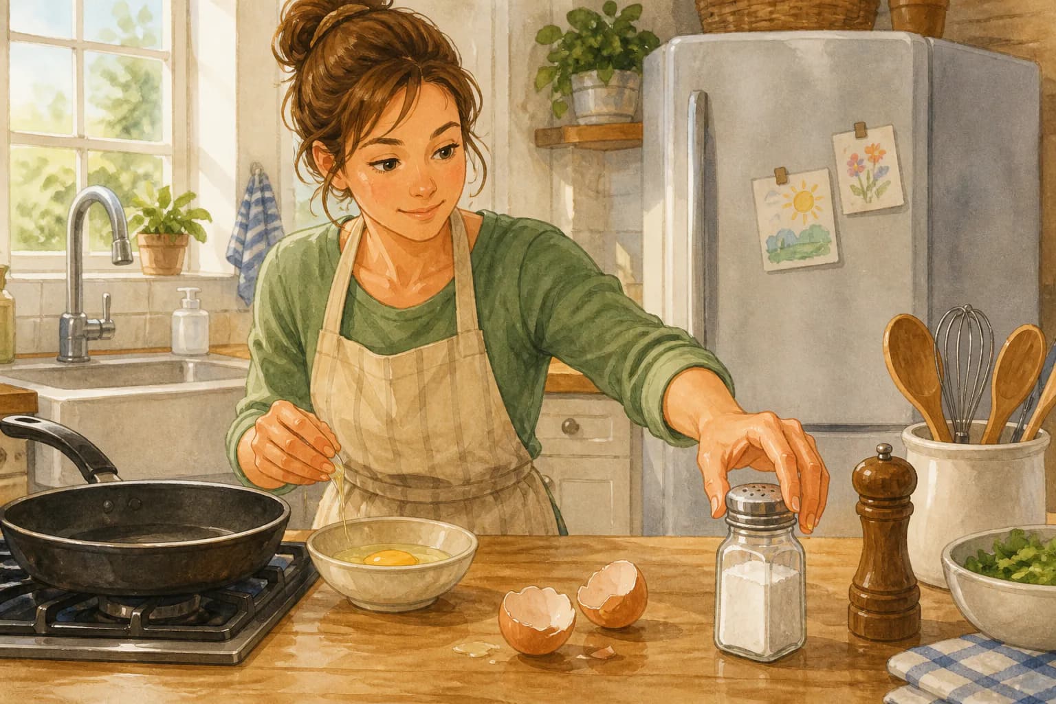 가정 주방에서 깨진 달걀 껍데기가 놓인 조리대 앞의 사람이 날달걀을 만진 손으로 소금통을 잡으려 하고 있다.