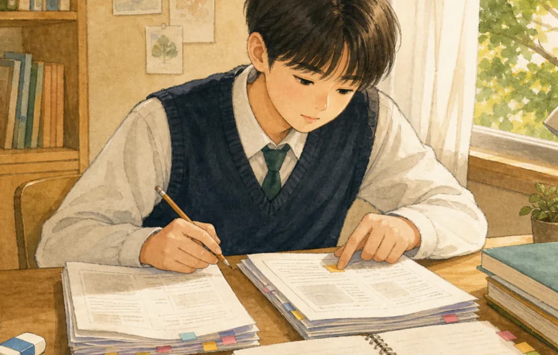 늦여름 햇빛이 드는 공부방에서 고등학생이 시험지 두 묶음과 오답 노트를 펼쳐 놓고 색인 스티커가 붙은 문항을 비교하고 있어요.