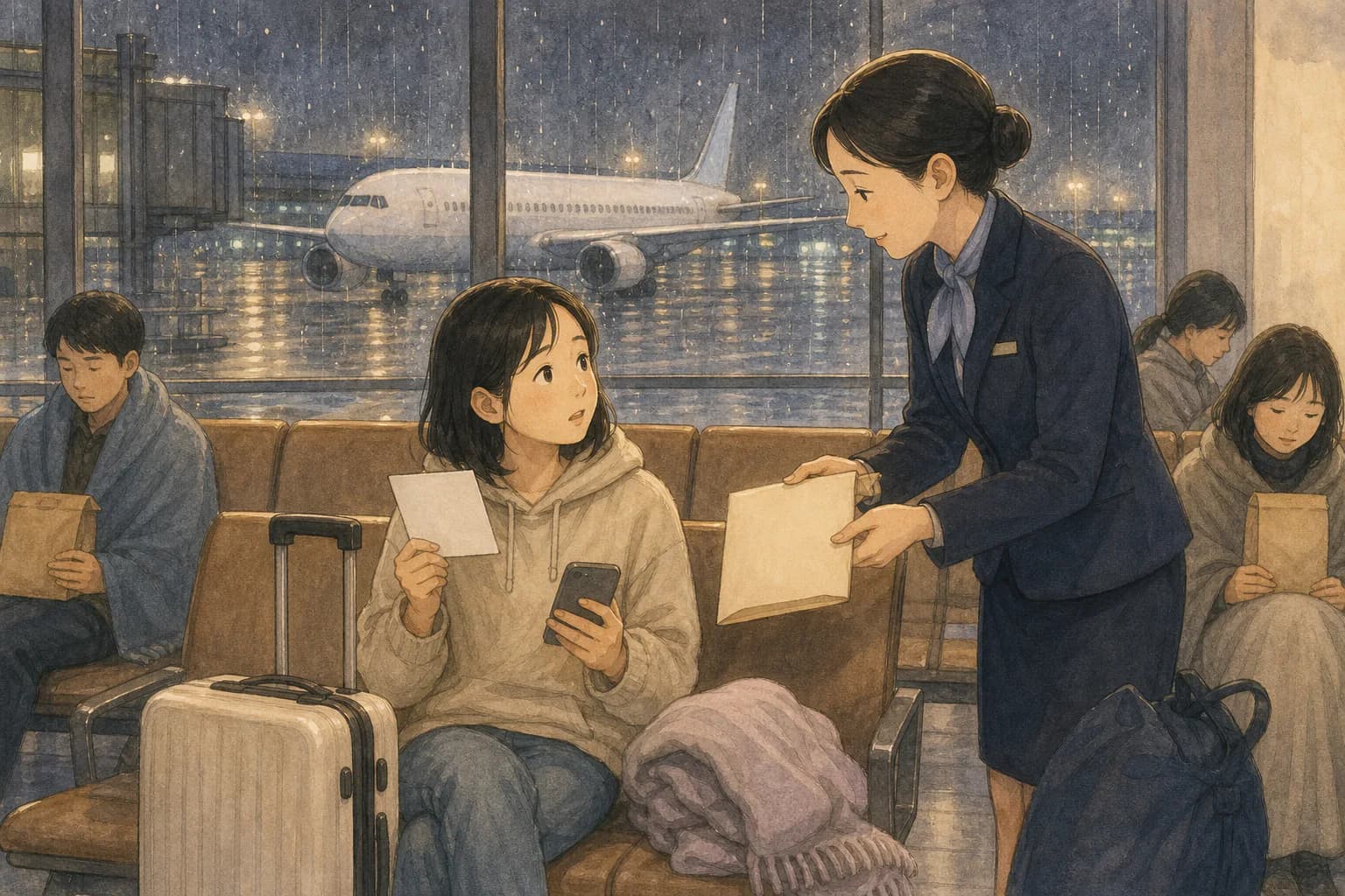비 내리는 밤 공항에서 여행가방을 곁에 둔 여행자가 탑승권과 휴대전화를 들고 항공사 직원이 건네는 숙박 안내 봉투를 바라보고 있다.