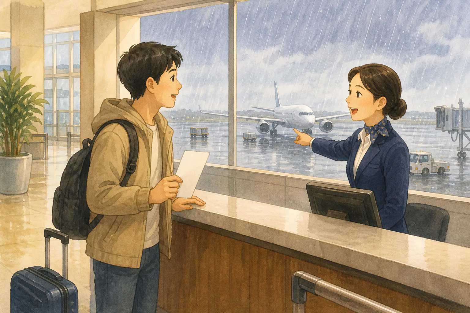 낮 공항의 항공사 창구에서 탑승권을 든 여행자가 직원의 설명을 들으며 창밖의 폭우와 대기 중인 여객기를 바라보고 있다.
