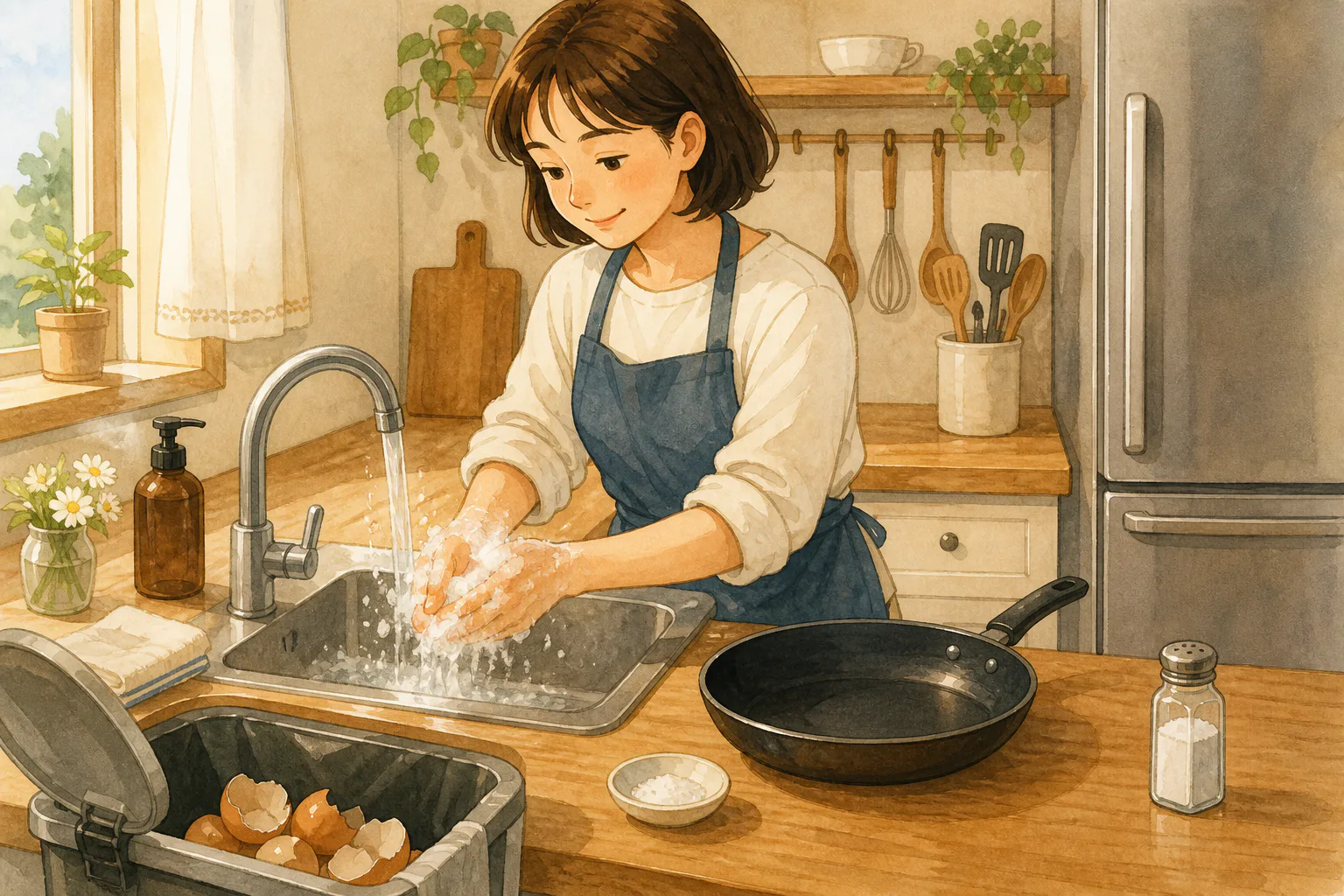 달걀 껍데기를 쓰레기통에 버린 사람이 미리 덜어 둔 양념과 프라이팬을 옆에 두고 싱크대에서 비누로 손을 씻고 있다.