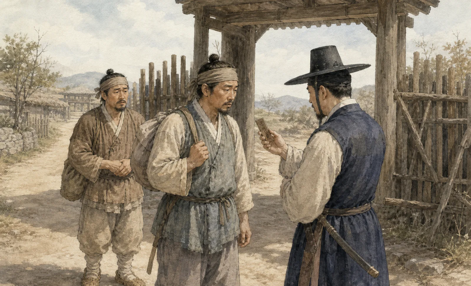 조선시대 관문에서 관리가 한 남성이 내민 나무 호패와 그의 얼굴을 대조하고 뒤편의 다른 남성이 불안하게 지켜보고 있다.