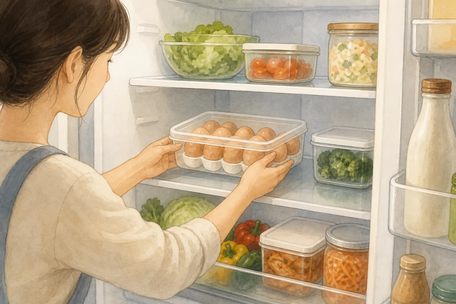 한 사람이 씻지 않은 달걀이 담긴 전용 용기를 다른 식품과 떨어진 냉장고 안쪽 선반에 넣고 있다.