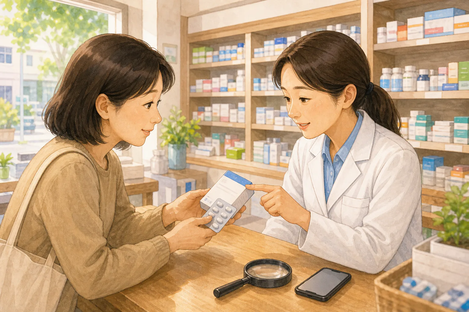동네 약국 상담대에서 약사가 감기약 포장 뒷면을 짚어 보이며 성인과 함께 살펴보고 있다.