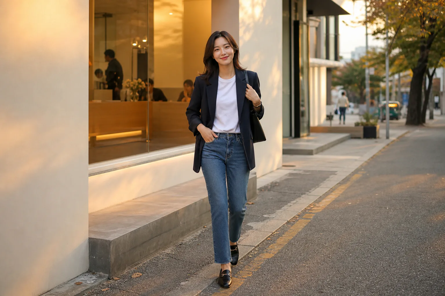 티셔츠와 데님을 네이비 블레이저로 정돈한 가벼운 약속 코디 흰 티셔츠와 스트레이트 데님 위에 네이비 블레이저를 걸치고 검은 로퍼를 신은 여성 약속룩