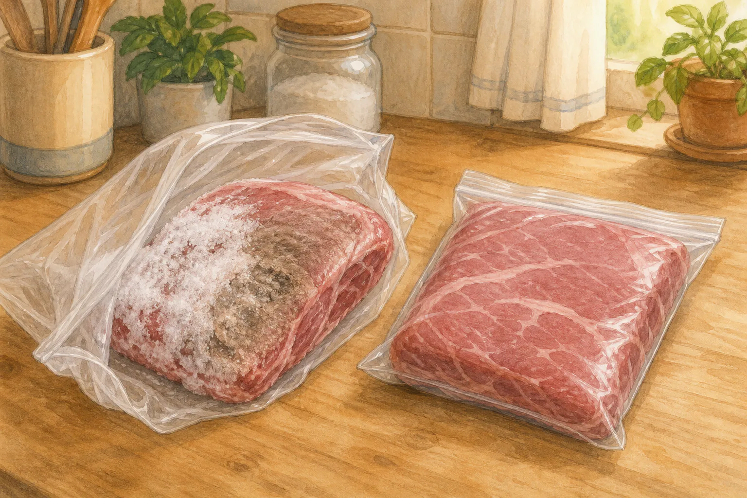 주방 조리대에 성에와 회갈색 마른 반점이 생긴 고기 포장과 공기를 빼 밀봉한 고기 봉투가 나란히 놓여 있어요.