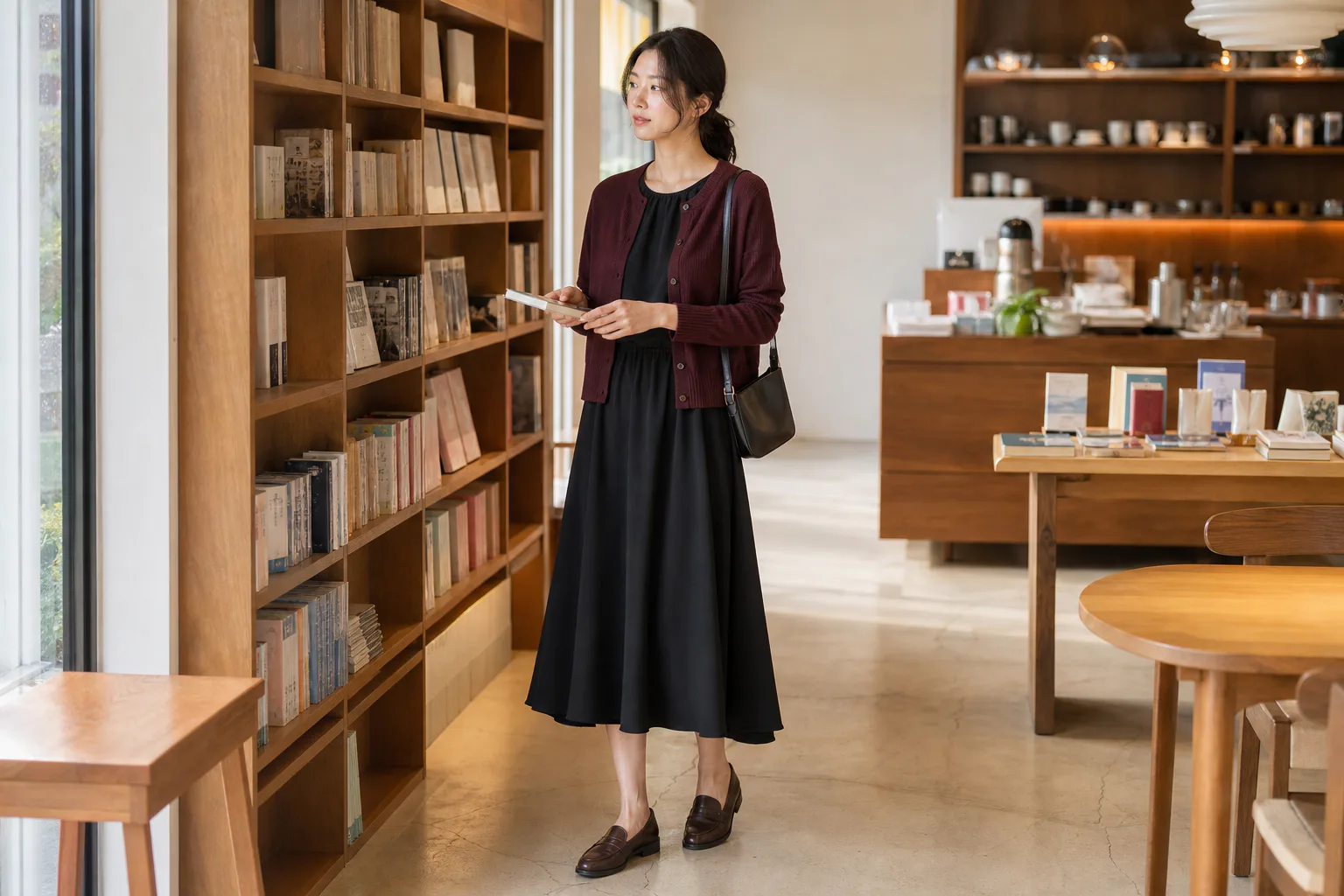 여름 원피스에 짧은 가디건 한 겹만 더한 초가을 활용법 검은 민소매 미디 원피스 위에 짧은 버건디 가디건을 입고 로퍼를 신은 여성 코디