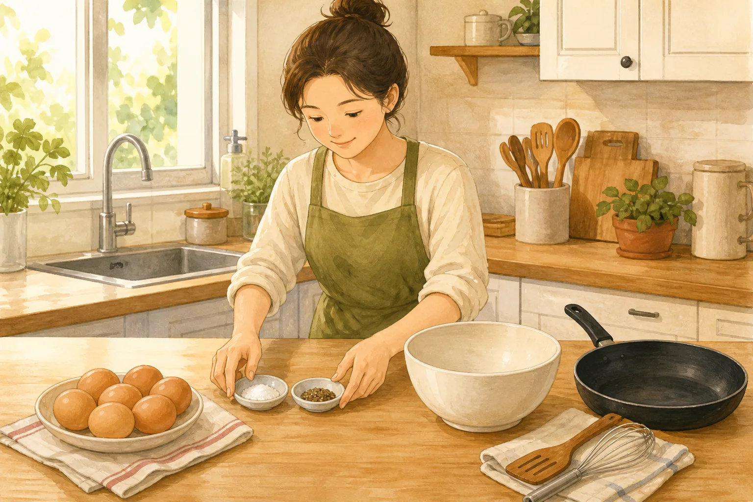 한 사람이 달걀을 깨기 전에 조리대에 그릇과 프라이팬을 준비하고 작은 종지에 소금과 후추를 미리 덜어 놓고 있다.