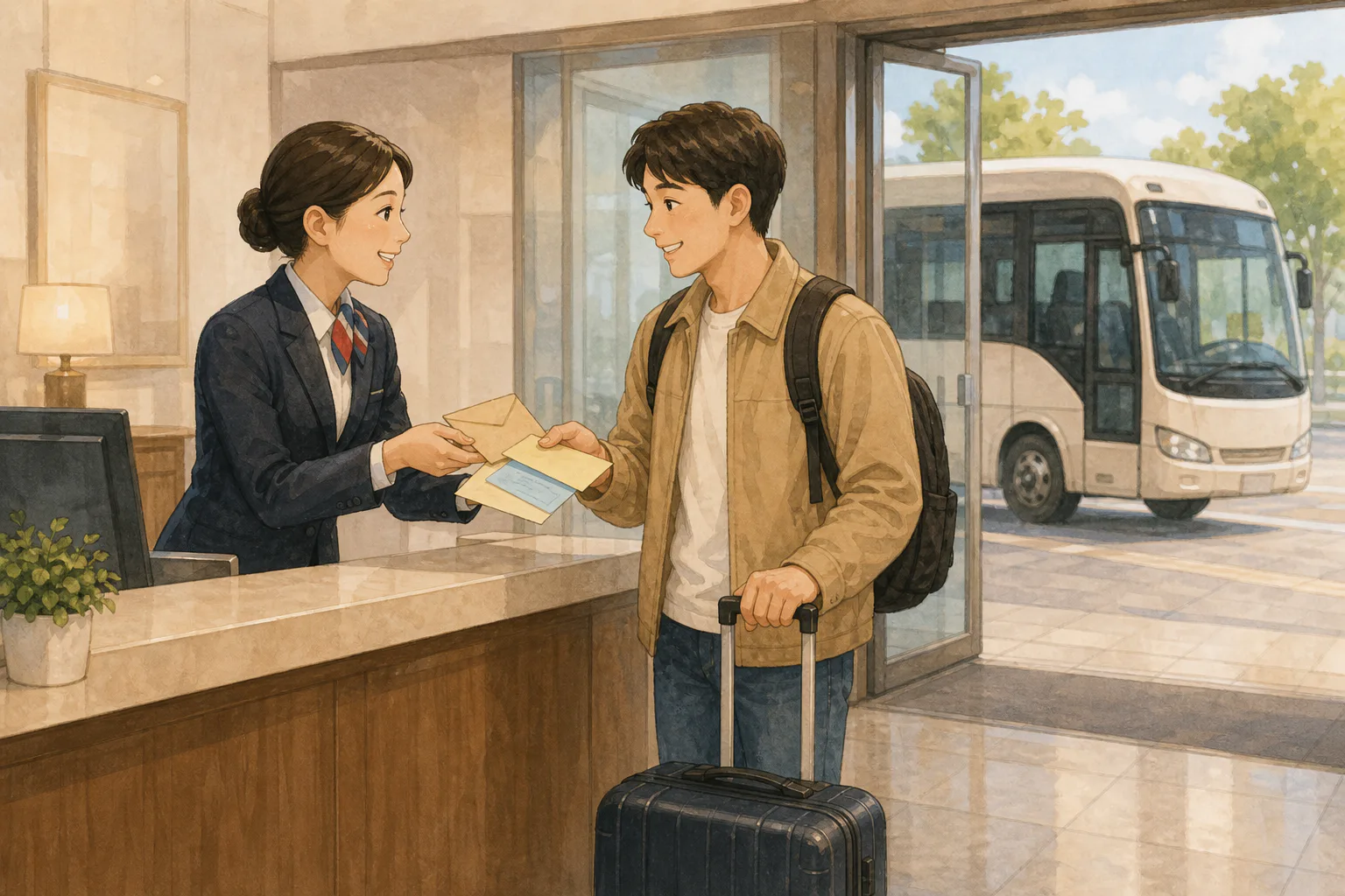 공항 고객지원 데스크에서 여행가방을 든 여행자가 직원에게 호텔 열쇠 봉투와 식사 쿠폰을 건네받고 있다.