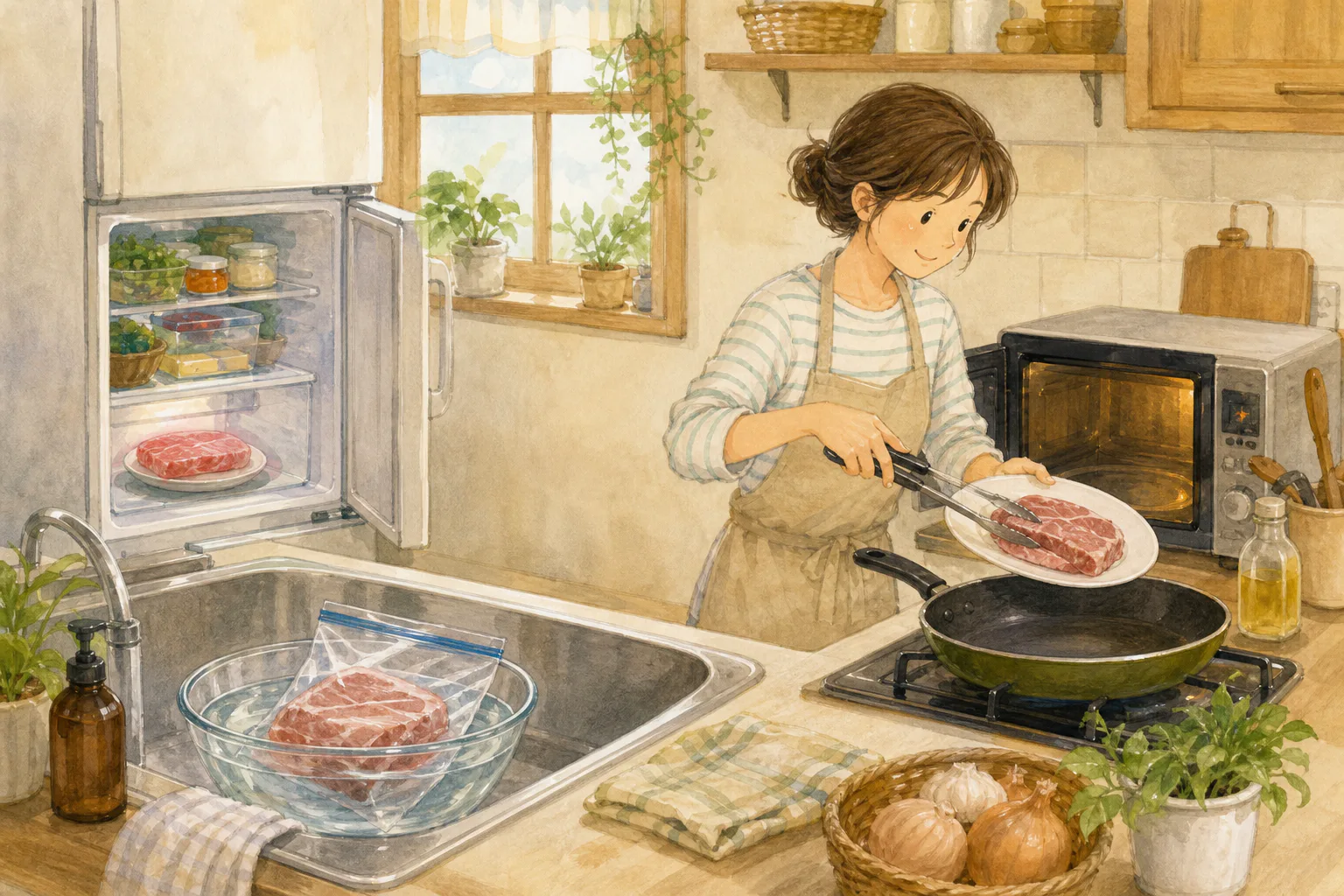냉장고 아래 칸의 접시와 싱크대의 찬물 그릇에서 고기가 해동되고, 한 사람은 전자레인지에서 꺼낸 고기를 프라이팬으로 옮기고 있어요.
