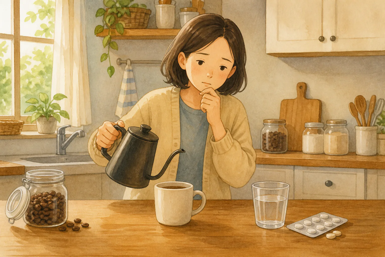 주방에서 성인이 커피를 더 따르려다 멈춘 가운데 조리대 양쪽에 커피잔과 감기약 블리스터가 놓여 있다.