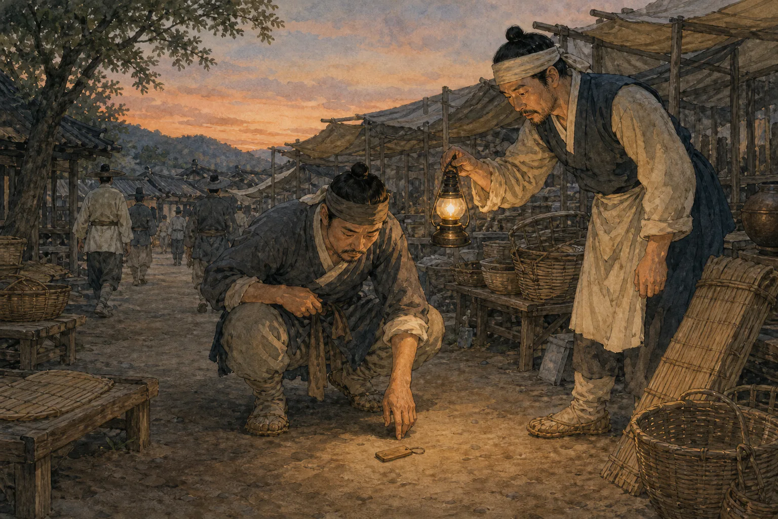 해 질 무렵 조선시대 장터에서 한 남성이 허리끈을 확인하며 흙바닥의 호패를 찾고 상인이 등잔으로 주변을 비추고 있다.