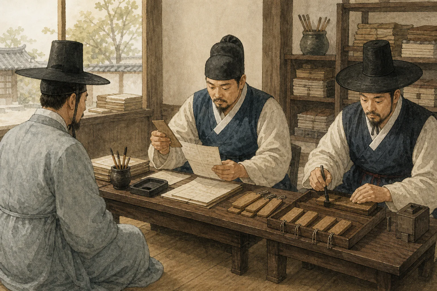 조선시대 관아에서 아전이 책상 위 문서와 나무 호패를 대조하는 동안 신청자가 맞은편에 앉아 기다리고 있다.
