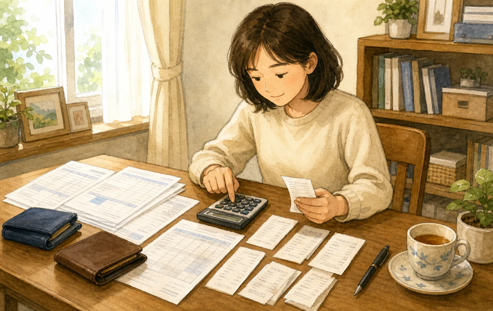 증권 거래명세서와 환전 영수증을 함께 펼쳐 놓고 계산기로 실제 해외주식 손익을 확인하는 사람