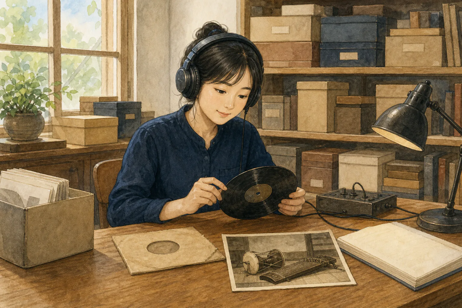 헤드폰을 쓴 연구자가 국악 자료실 책상에서 오래된 음반과 종이 슬리브, 장구와 가야금이 담긴 낡은 사진을 함께 살펴보고 있어요.