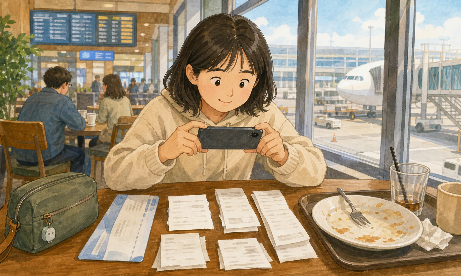 공항 카페에 앉은 여행자가 탁자 위에 펼친 탑승권과 여러 비용 영수증을 휴대전화로 촬영하고 있다.