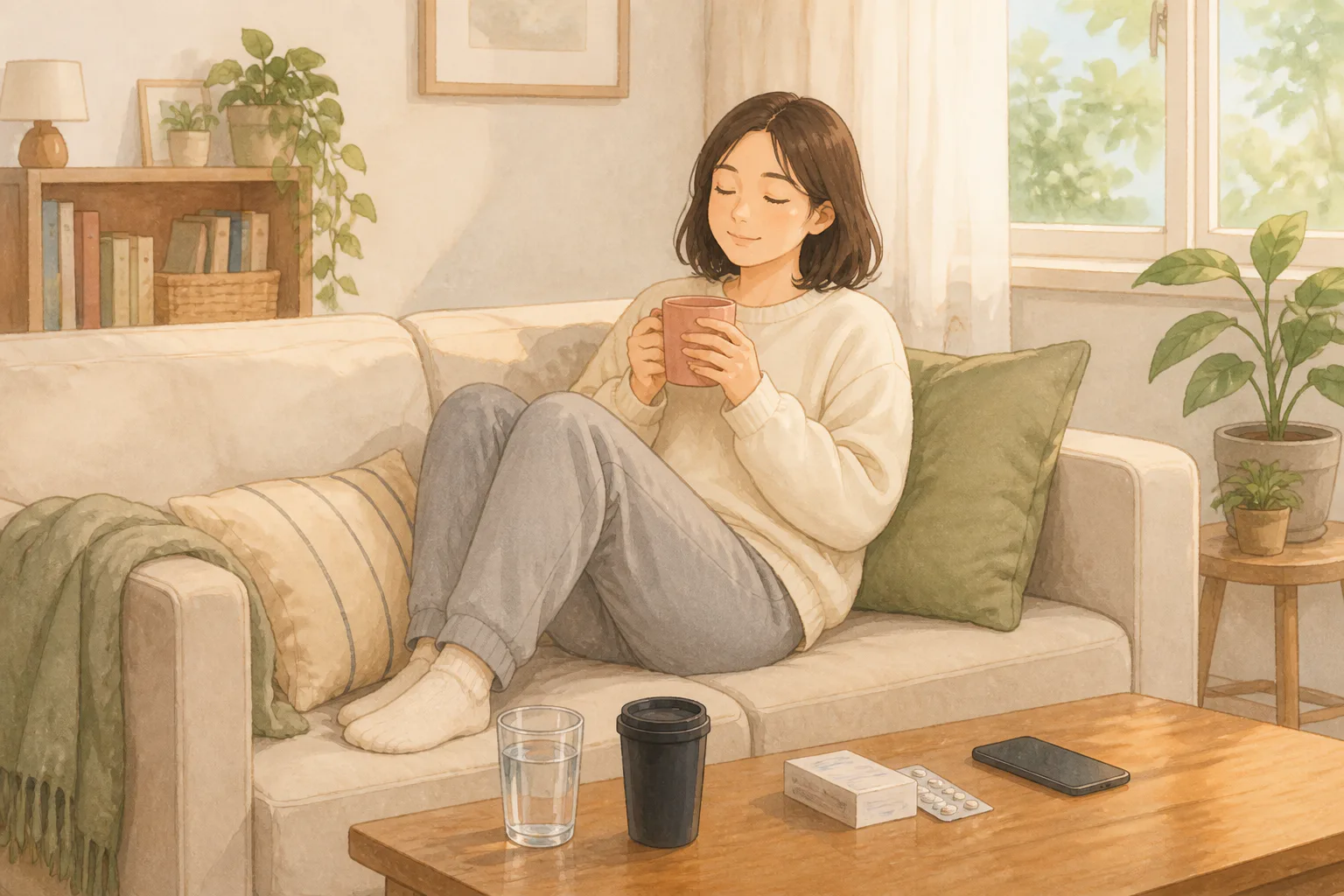 거실 소파에서 쉬는 성인 옆 테이블에 물컵과 닫힌 커피 텀블러, 감기약 포장과 휴대전화가 놓여 있다.